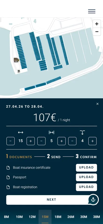 A marina berth map with the price for one night, steppers for length, beam and draught, and three documents to upload