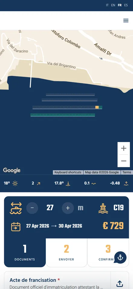 A harbour booking in French: the berth on the map, the weather, boat length, dates and price